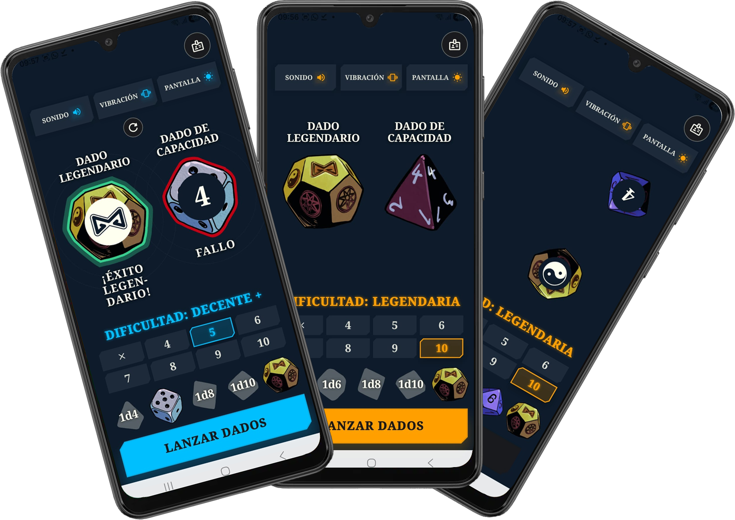 Mockup de Lanzador Legendario, aplicación de dados virtuales para juegos de rol